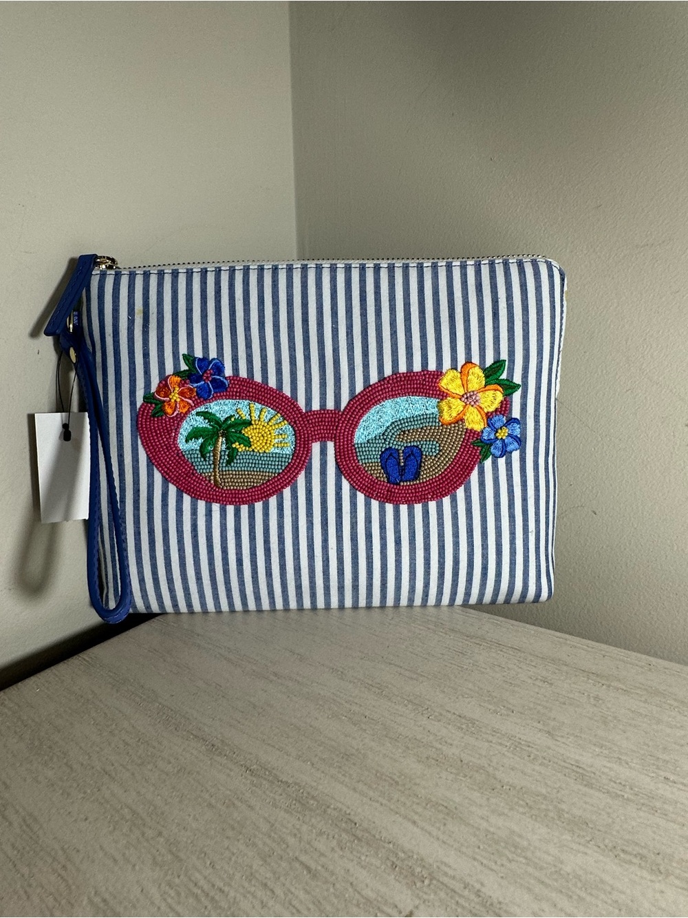 Talbots Blue and White Striped Wristlet with Embroidered Floral Patch